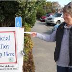 Cindy Rice of Port Ludlow drops off her ballot for the Nov. 3 general election on Thursday at the walk-up drop box in front of the Jefferson County Courthouse, 1820 Jefferson St. (Zach Jablonski/Peninsula Daily News)