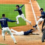 during the == inning in Game 4 of the baseball World Series Saturday, Oct. 24, 2020, in Arlington, Texas. Rays defeated the Dodgers 8-7 to tie the series 2-2 games. (AP Photo/Eric Gay)