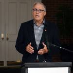 Gov. Jay Inslee thanks the voters of Washington state after winning his third term, Tuesday, Nov. 3, 2020 in Olympia Wash. (Steve Bloom/The Olympian via AP)