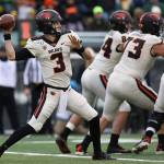 FILE - In this Nov. 30, 2019, file photo, Oregon State quarterback Tristan Gebbia (3) throws a pass during the second half of an NCAA college football game against Oregon in Eugene, Ore. The uncertainty for the Beavers is centered on the offense. Quarterback Jake Luton has moved on to the Jacksonville Jaguars and Gebbia, at least for now, looks like the frontrunner going into the abbreviated season. (AP Photo/Amanda Loman, File)