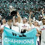 Gonzaga players celebrate after defeating Saint Marys at the final of the West Coast Conference mens tournament in Las Vegas on March 10, 2020, file photo. Gonzaga will begin the college basketball season No. 1 for the first time after coach Mark Fews bunch earned 28 first-place votes in the preseason AP Top 25 poll released Monday. (John Locher/Associated Press