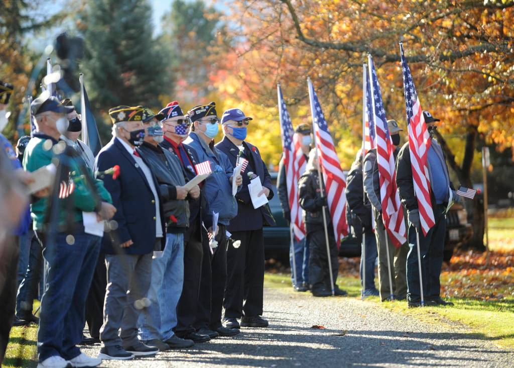 Veterans and their families  about 125 in all  participate in a special Veterans Day presentation Wednesday at Pioneer Memorial Park. The event was hosted by Jack Grennan Post 62 American Legion, Michael Trebert Chapter-NSDAR and the Sequim Prairie Garden Club. (Michael Dashiell/Olympic Peninsula News Group)