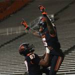 Oregon State offensive linesman Joshua Gray (67) lifts Oregon State running back Jermar Jefferson (6) into the air after Jefferson scored a touchdown during the second half of an NCAA college football game against Washington State in Corvallis, Ore., Saturday, Nov. 7, 2020. Washington State won 38-28. (AP Photo/Amanda Loman)
