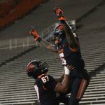 Oregon State offensive linesman Joshua Gray (67) lifts Oregon State running back Jermar Jefferson (6) into the air after Jefferson scored a touchdown during the second half of an NCAA college football game against Washington State in Corvallis, Ore., on Saturday, Nov. 7, 2020. Washington State won 38-28. (Amanda Loman/Associated Press)