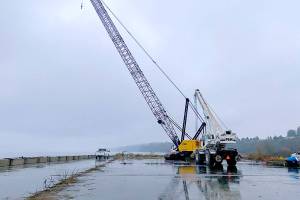 A crane was staged by Rayonier Advanced Materials Inc. last week at the former Rayonier pulp mill site in Port Angeles, where it will begin removing deck panels from a giant pier. (Rayonier Advanced Materials Inc.)