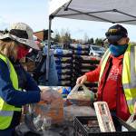 Kathy Strozyk of the Sequim Sunrise Rotary helps Rod Lee, commander of the Carlsborg VFW Post 6787, load bags for some of the hundreds of families driving through the Family Holiday Meal Bag distribution program. (Matthew Nash /Olympic Peninsula News Group)