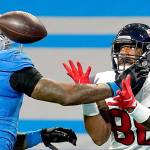 Houston Texans tight end Jordan Akins (88), defended by Detroit Lions outside linebacker Jamie Collins (58), is unable to make the catch during the first half of an NFL football game, Thursday, Nov. 26, 2020, in Detroit. (AP Photo/Paul Sancya)
