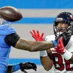 Houston Texans tight end Jordan Akins (88), defended by Detroit Lions outside linebacker Jamie Collins (58), is unable to make the catch during the first half of an NFL football game Thursday, Nov. 26, 2020, in Detroit. (Paul Sancya/The Associated Press)