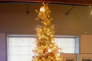 Keith Thorpe/Peninsula Daily News
A Christmas tree titled "Star Way to Living" stands on display at Edna's Place in Port Angeles on Saturday after fetching the top bid during Friday night's Festival of Trees gala and auction. The tree, sponsored by First Federal, includes a collection of premiums themed after the Captain Joseph House. The tree received a bid of $6,500 to benefit the Olympic Medical Center Foundation.
