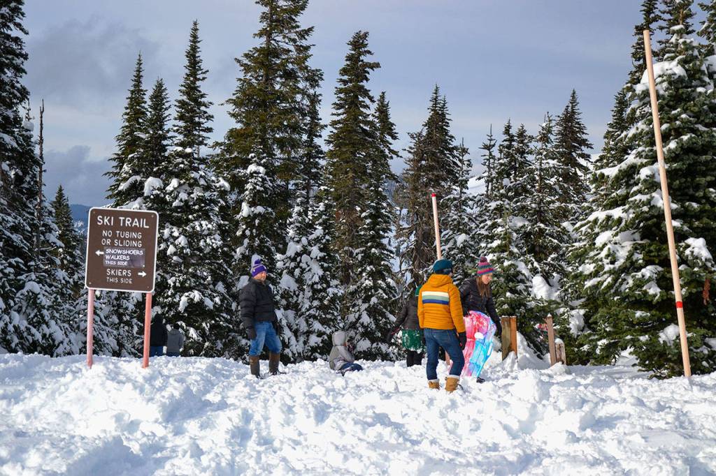 A family plays in the Small Childrens Snowplay Area at Hurricane Ridge on Friday, Nov. 27, 2020. (Laura Foster/Peninsula Daily News)