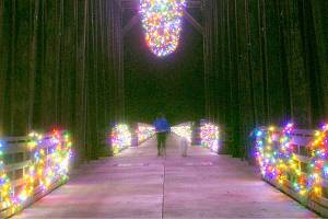 Illuminated wreaths and decorative lights adorn the bridge at Railroad Bridge Park in Sequim, the centerpiece of a holiday display that will be lit from 3 p.m. to 9 p.m. daily through January. The decorations are sponsored by the Jamestown S'Klallam Tribe and were installed by Patrick Walker, Inc., of Port Orchard. (Keith Thorpe/Peninsula Daily News)