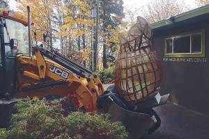 “Tempest Tost” by Katherine Shaughnessy, is installed on the roof of the Esther Webster Gallery.