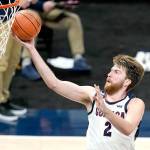 Gonzagas Drew Timme goes to the basket during the second half of the teams NCAA college basketball game against West Virginia on Wednesday, Dec. 2, 2020, in Indianapolis. (Darron Cummings/Associated Press)