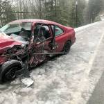 A Forks woman was transported to a hospital after her vehicle collided with a Clallam Transit bus Monday, Dec. 21, 2020. (Photo courtesy of Washington State Patrol)