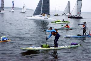 Paddle boarder Luke Burritt of team Fueled on Stoke takes off at the start of the Race to Alaska in 2017.