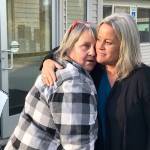 Becky Ruby, left, and Tanya Gardner say goodbye after a remembrance service soon after Valerie Claplanhoos death. (Paul Gottlieb/Peninsula Daily News file)