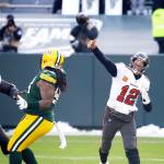 Tampa Bay Buccaneers quarterback Tom Brady (12) passes against the Green Bay Packers during the first half of the NFC championship NFL football game in Green Bay, Wis., Sunday, Jan. 24, 2021. (AP Photo/Mike Roemer)