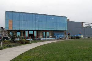 Keith Thorpe/Peninsula Daily news
The Field Arts & Events Hall, the focal point of the proposed Waterfront Center development in downtown Port Angeles, is shown under construction on Tuesday.