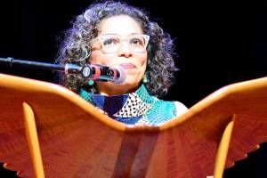 Washington state poet laureate Claudia Castro Luna, seen at Fort Worden's Wheeler Theater in summer 2019, will give a free online reading Thursday via Northwind Art. (Diane Urbani de la Paz/Peninsula Daily News)