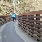 Joan and Bill Henry of Sequim stroll along the Johnson Creek Trestle, part of the Olympic Discovery Trail spanning Johnson Creek east of Sequim. The 410-foot-long trestle was refurbished in 2003 from a former railroad span and opened to pedestrian traffic. (Keith Thorpe/Peninsula Daily News)