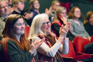 <strong>Diane Urbani de la Paz</strong>/Peninsula Daily News
 Port Townsend Film Festival Executive Director Janette Force, right, seen with granddaughter Molly Force at the Rose Theatre in 2018, has announced shell retire after the festival this fall.