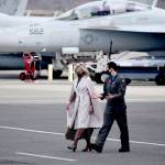After a closeup look at an EA-18G, Dr. Jill Biden, left, talks with Lt. Cate Oakley, a Growler pilot at Naval Air Station Whidbey Island. The first lady visited the base Tuesday to meet with military families to listen to their concerns. (Photo by Emily Gilbert/Whidbey News-Times)