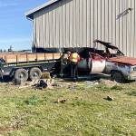 A Port Angeles man was transported to Olympic Medical Center with non-life-threatening injuries after his vehicle reportedly drifted off U.S. Highway 101 and into a building near River Road in Sequim. (Photo courtesy of Washington State Patrol)