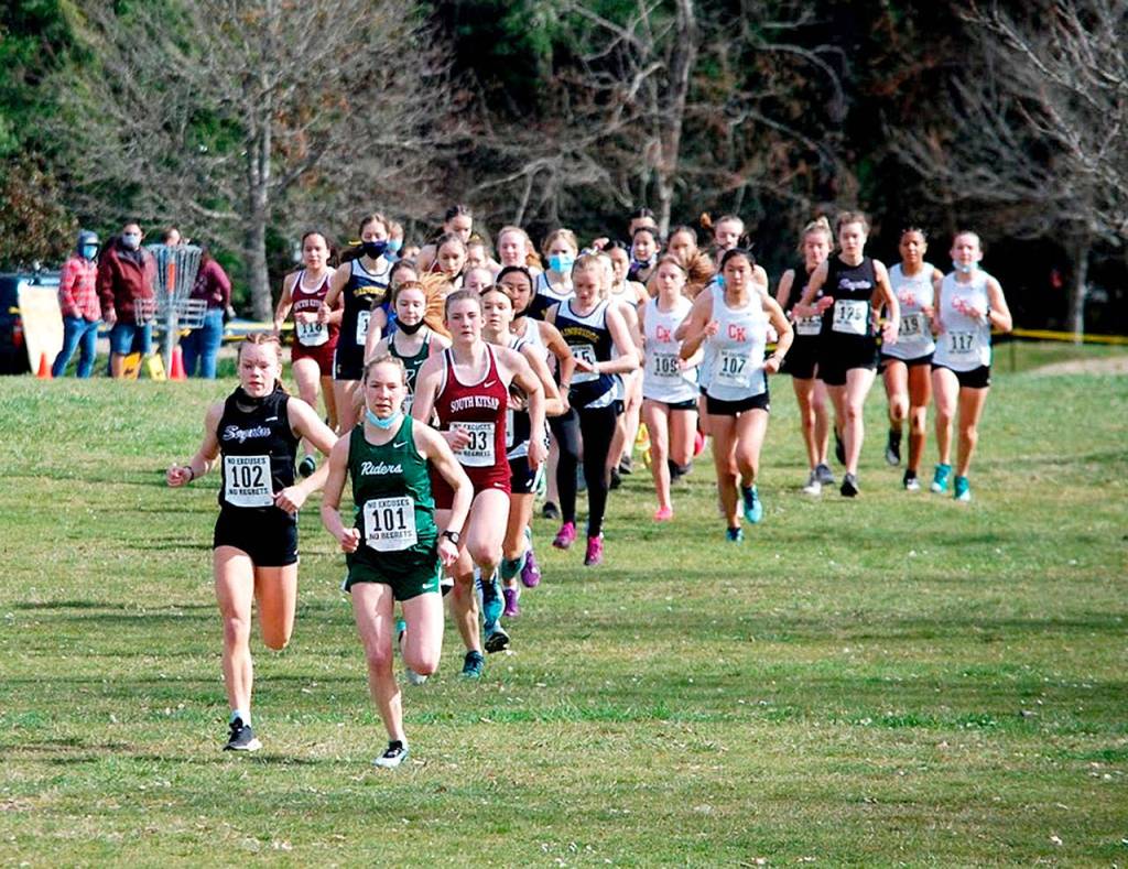 Port Angeles Lauren Larson (101) and Sequims Riley Pyeatt (102) lead the pack in the girls race at the Olympic League cross country championships.