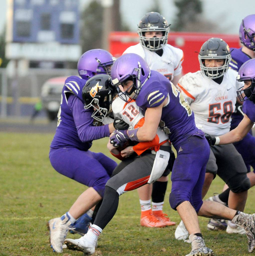 Sequims Faas Christiansen, left, and Walker Ward sandwich Central Kitsaps Ryder Wright during the Wolves 38-22 win over the Cougars.
Michael Dashiell/Olympic Peninsula News Group