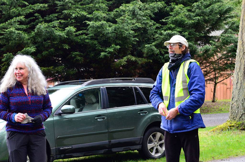Volunteers Merrily Mount and Gerald Braude meet for a work party on the Larry Scott Trail, the Olympic Discovery Trail section skirting Port Townsend. (Diane Urbani de la Paz/Peninsula Daily News)
