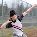 East Jeffersons Gage Berry puts the shot a personal best of 35 feet, 7 inches during a meet Saturday at Blue Heron Middle School against the Klahowya Eagles. Gage finished second to teammate Anson Jones, who went 37-4 1/2. (Steve Mullensky/for Peninsula Daily News)