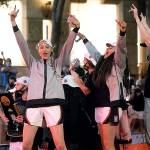 Stanford players celebrate on the River Walk after defeating Arizona 54-53 in the championship game of the women's Final Four NCAA college basketball tournament, Sunday, April 4, 2021, at the Alamodome in San Antonio. (AP Photo/Morry Gash)