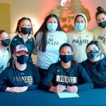 Photo courtesy of Peninsula College
Gina Brown, center, signs to play with the Peninsula College women's basketball court. At left is Peninsula women's coach Alison Crumb.