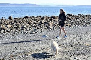Kelly Doran takes her dog Sunny out for some fresh air at North Beach, one of several Port Townsend beaches included in Saturdays Washington Coast Cleanup. (Diane Urbani de la Paz/Peninsula Daily News)