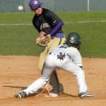 Sequim shortstop Michael Grubb bobbles the ball as Port Angeles Dru Clark steals second during the fourth inning on Wednesday at Port Angeles Civic Field. (Keith Thorpe/Peninsula Daily News)