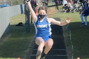 Keith Thorpe/Peninsula Daily News
Crescent's Makiah Clark competes in the long jump on Friday in Joyce.