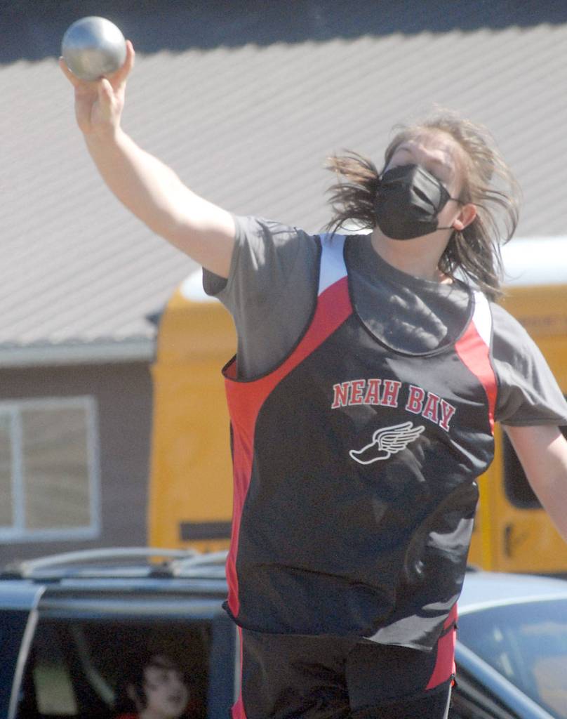 Neah Bays Matthew Veliz throws the shot during Fridays meet at Crescent High School in Joyce. Veliz finished second in the event. Keith Thorpe/Peninsula Daily News