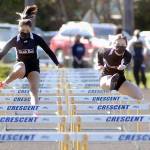 Keith Thorpe/Peninsula Daily News Neah Bay teammates Ruth Greene, left, and Kianah Cameron race against each other as the only competitors in the girls 100-yard hurdles on Friday.
Keith Thorpe/Peninsula Daily News Neah Bay teammates Ruth Greene, left, and Kianah Cameron race against each other as the only competitors in the girls 100-yard hurdles on Friday.