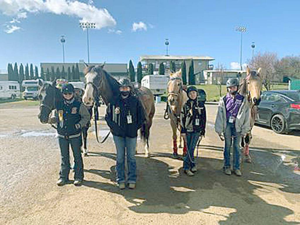Sequims Keri Tucker, left, Abby Garcia, Susannah Sharp and Rainey Bronsink wait for the cattle sorting competition to begin. (Photo courtesy Katie Newton)