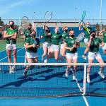 Port Angeles varsity tennis players celebrate their 8-0 start on the season: Kinnley Brady, Holly Jones, Hannah Reetz, Brielle Keywood, Ellie Getchell, Emma Olsen, Eden Critchfield, Hannah Basden, Reagan Critchfield, Shannon Callahan, Millie Long, Liberty Lauer, Angelina Sprague.