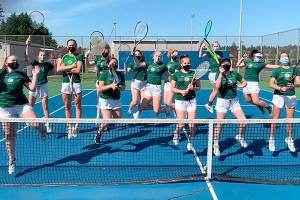 Port Angeles varsity tennis players celebrate their 8-0 start on the season: Kinnley Brady, Holly Jones, Hannah Reetz, Brielle Keywood, Ellie Getchell, Emma Olsen, Eden Critchfield, Hannah Basden, Reagan Critchfield, Shannon Callahan, Millie Long, Liberty Lauer, Angelina Sprague.
