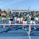 Port Angeles varsity tennis players celebrate their 8-0 start on the season: Kinnley Brady, Holly Jones, Hannah Reetz, Brielle Keywood, Ellie Getchell, Emma Olsen, Eden Critchfield, Hannah Basden, Reagan Critchfield, Shannon Callahan, Millie Long, Liberty Lauer and Angelina Sprague.