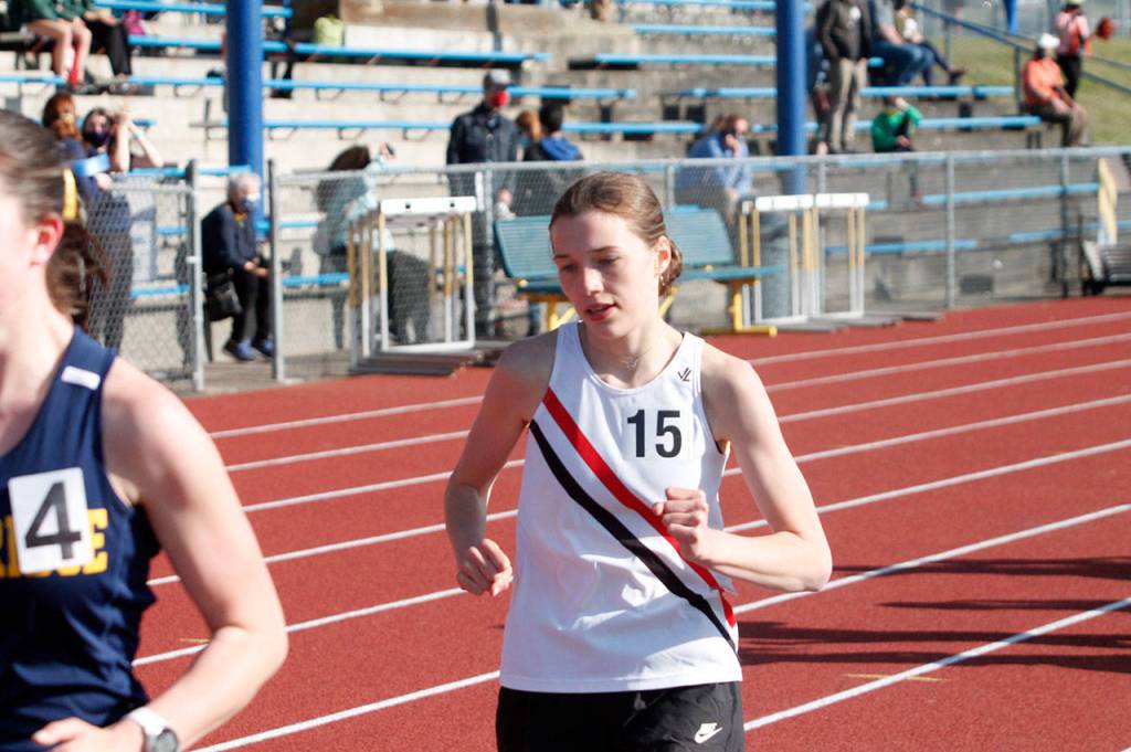 East Jeffersons Aliyah Yearian finished fifth in the 1,600-meter run at the Class 1A/2A/3A Olympic League Championships at Bremerton High School. (Mark Krulish/Kitsap News Group)