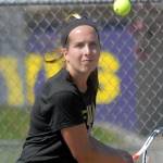 Keith Thorpe/Peninsula Daily News
Sequim's Kalli Wiker goes for the return in her match on Thursday against Port Angeles' Liberty Lauer at Sequim High School.