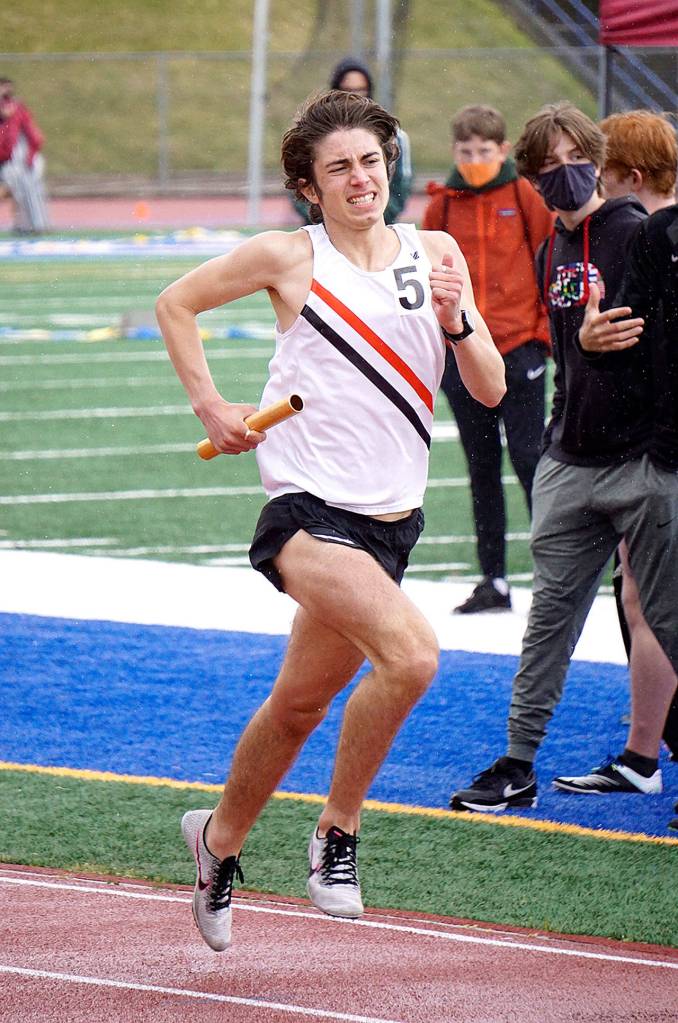 East Jeffersons Sebastian Manza anchors the 4x400 in Bremerton on Saturday. (Photo courtesy of Randy Miles)