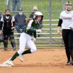 Jesse Major/for Peninsula Daily News
Port Angeles' Zoe Smithson rounds first base against Central Kitsap. Smithson hit two home runs in Monday's 10-0 win and is batting .651 on the season.