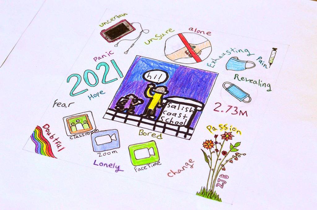 An Art Wave! panel, featuring images by Salish Coast Elementary and Blue Heron Middle School students, awaits another layer from Port Townsend High School artists. (Diane Urbani de la Paz/Peninsula Daily News)