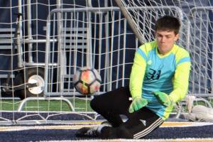 Lonnie Archibald/for Peninsula Daily News
Forks goalkeeper Rafael Terrones saved a La Center penalty kick in the closing minutes to preserve the Spartans' 3-2 win over the Wildcats in the district semifinals.