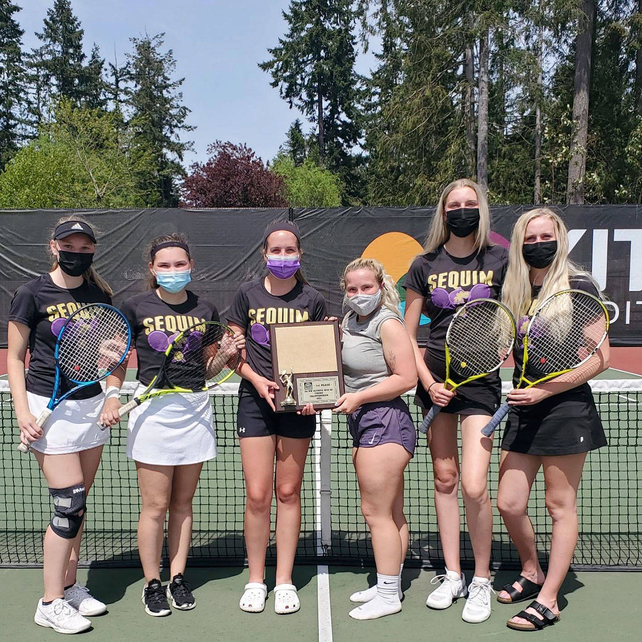 The Sequim girls tennis team won the Class 1A/2A/3A Olympic League Tournament on Thursday to go along with the Wolves regular season title. From left, the doubles duo of Melissa Porter and Allie Gale finished fourth, singles champion Kalli Wiker, Olivia Preston was fourth in singles and doubles champions McKenna Hastings and Kendall Hastings.