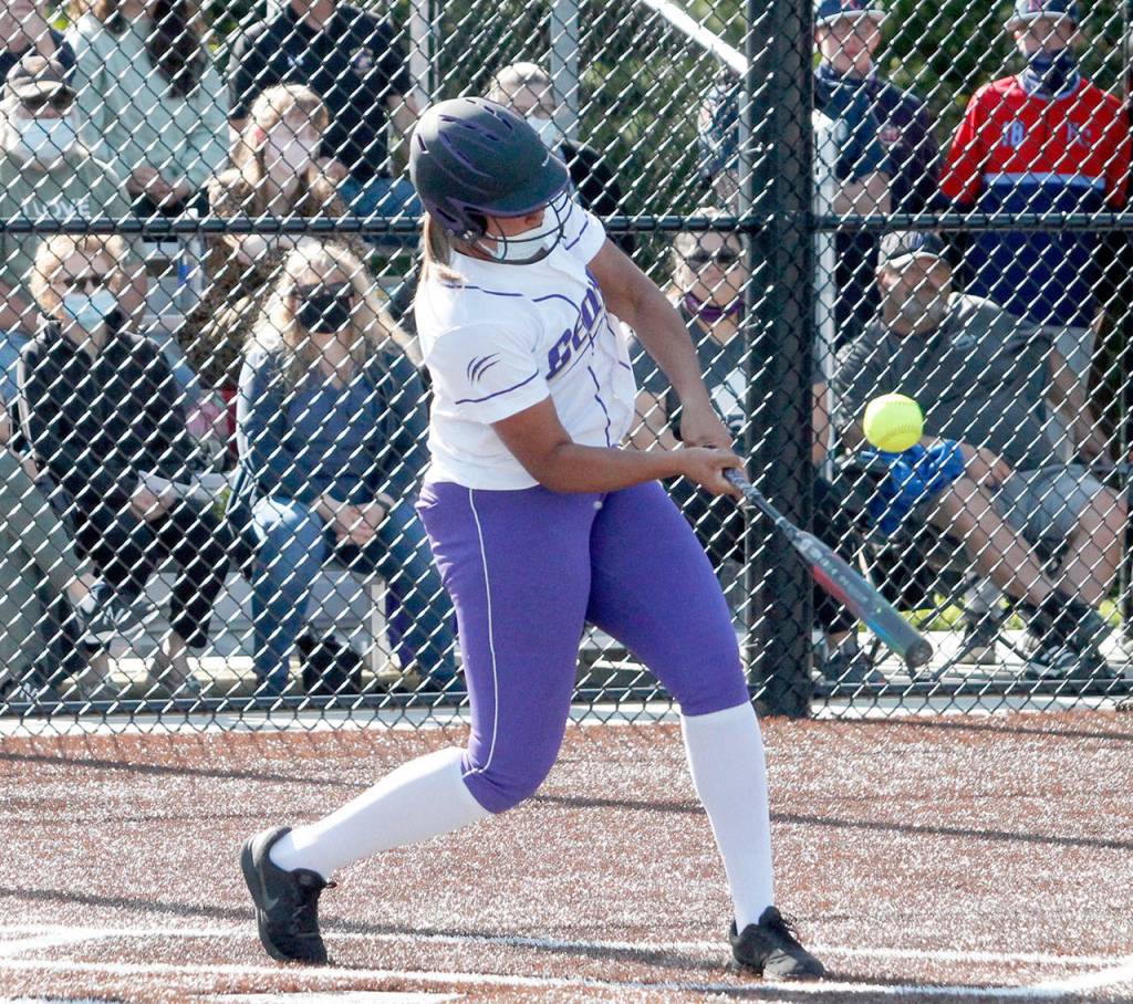 Sequims Jayla Julmist connects for a hit during the 18th annual Softball Showcase All-Star Game presented by the Kitsap Athletic Roundtable. (Mark Krulish/Kitsap News Group)